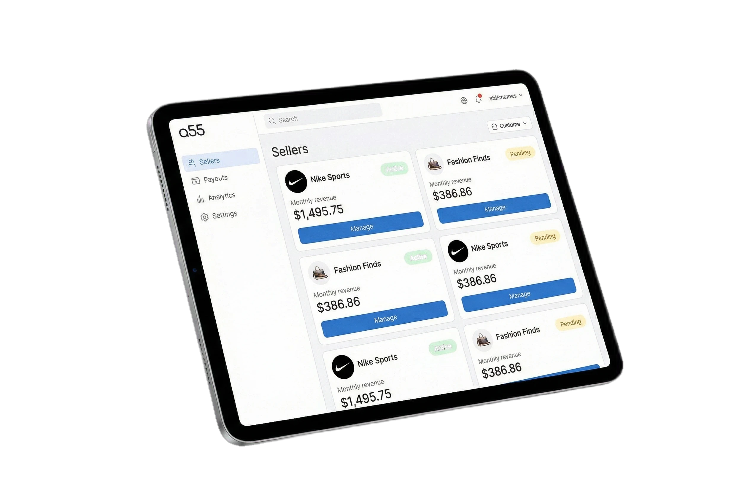Seller management dashboard with KYC status and revenue charts