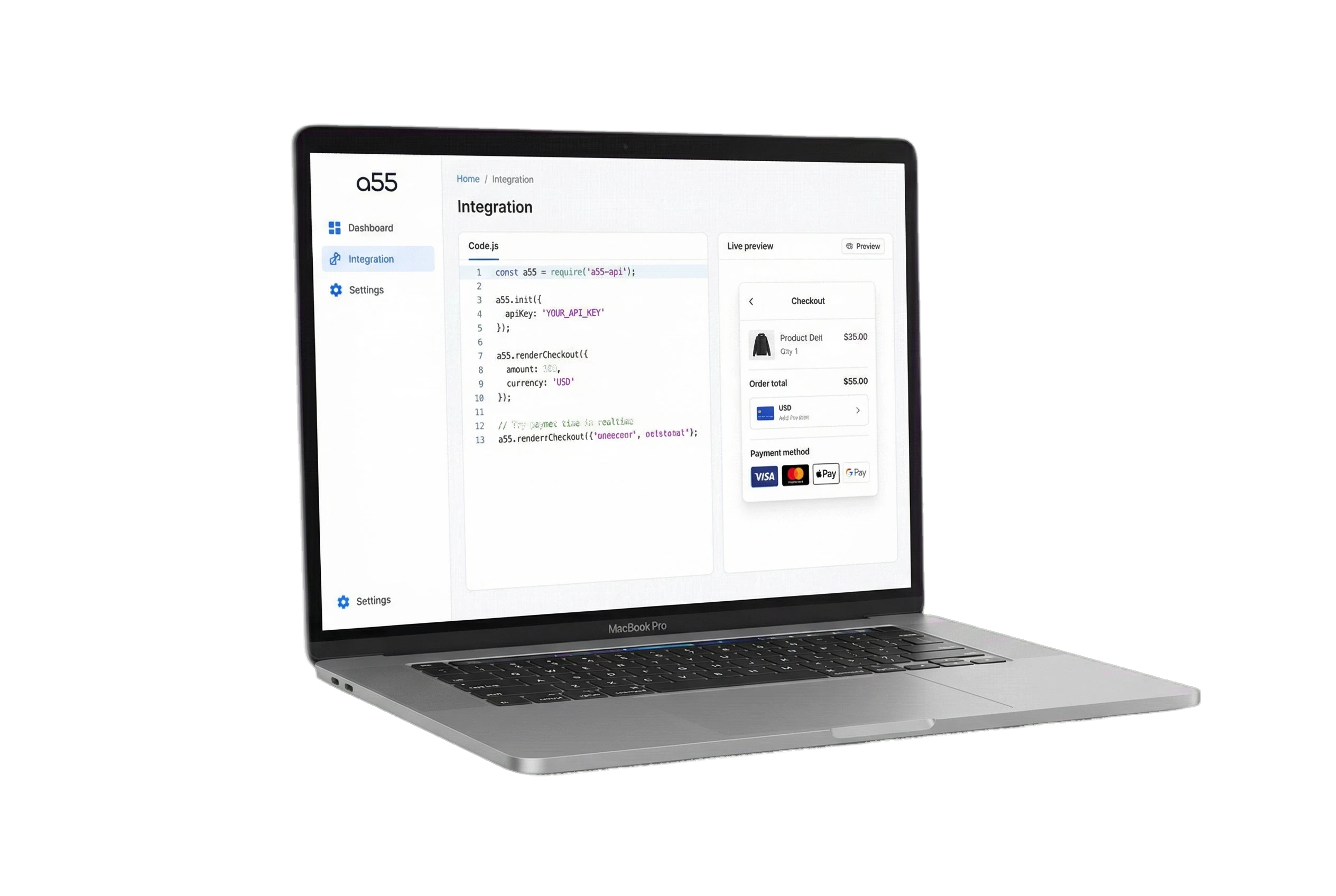 Three devices showing onboarding, checkout, and payout settlement